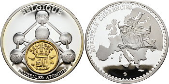 НИДЕРЛАНДЫ МЕДАЛЬ ND МОНЕТА НА МЕДАЛИ, СЕРИЯ ДОЕВРОВЫЕ ЕВРОПЕЙСКИЕ МОНЕТЫ, БЕЛЬГИЯ 50 САНТИМОВ 1979, БЕЛЬГИЯ, БРЮССЕЛЬ АТОМИУМ, ДИАМЕТР 50 ММ. серебрение PROOF 1069-4-22