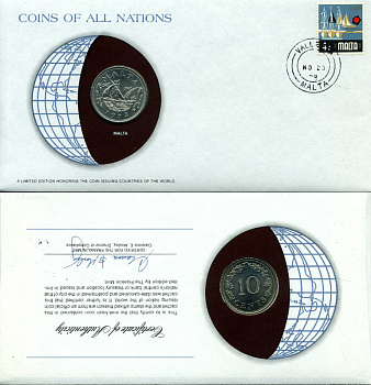 Мальта 10 центов 1972 баржа Великого магистра, конверт с маркой первого дня гашения, Coins of Nations KM 11 медно-никель UNC 4294-46-3