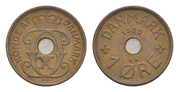 Дания 1 эре 1938 N, Кристиан X (1912-1947) KM 826 бронза 4639-716