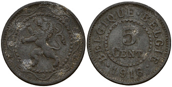Бельгия 5 сантимов 1916 германская оккупация Первая мировая война, Альберт I (1910-1934) KM 80 цинк 4147-168