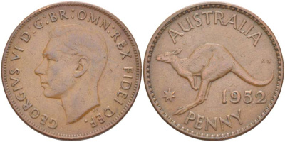 Австралия 1 пенни 1952 m, Георг VI (1937-1952), кенгуру KM 43 бронза 32-113