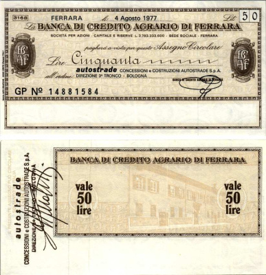 Италия 50 лир 1977 4 августа 1977 Banca Di credito agrario Di ferrara бумага UNC (пресс) 7222-75-2-1