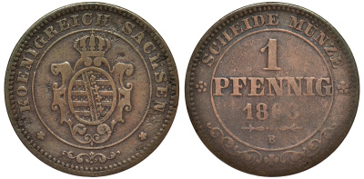 САКСОНИЯ 1 ПФЕННИГ 1863 В, ЙОХАНН (1854-1873) KM 1216 медь 75-1126