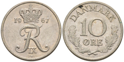 Дания 10 эре 1967 C; S, Фредерик IX (1947-1972) KM 849.1 медно-никель 4564-1225