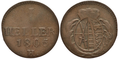 Саксония 1 геллер 1805 Фридрих Август III (1763-1806), из коллекции Gerhart Rother H, KM 1002, Merseb. 2023 медь 413-6525