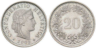Швейцария 20 раппенов 2003 B KM 29a медно-никель UNC 218-332