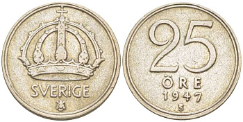 Швеция 25 эре 1947 TS, Густав V (1907-1950) KM 816 серебро 116-1137