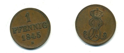 Ганновер 1 пфенниг 1845 B, Эрнст Август (1837-1851) KM 201.1, AKS 129, J. 74 медь 35-817