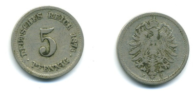 ГЕРМАНИЯ 5 ПФЕННИГОВ 1876 J, СТАРОГЕРБОВКА KM 3, J.3 медно-никель 54-358