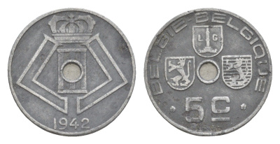 Бельгия 5 сантимов 1942 Belgie - Belgique, Леопольд III (1934-1951), германская оккупация, Вторая мировая война KM 124 цинк 4169-433