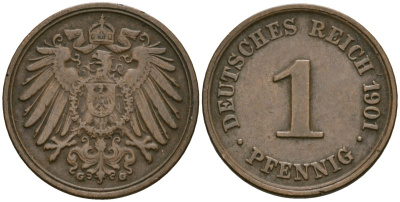 Германия 1 пфенниг 1901 G, Вильгельм II (1888-1918) KM 10, J. 10 медь 4608-225