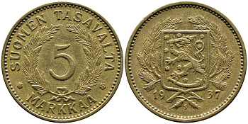 ФИНЛЯНДИЯ 5 МАРОК 1937 S KM 31 алюминиевая бронза 4388-1025