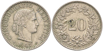 ШВЕЙЦАРИЯ 20 РАППЕНОВ 1947 В KM 29a медно-никель 55-722