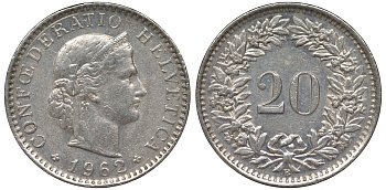 Швейцария 20 раппенов 1962 B KM 29a медно-никель 62-717
