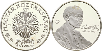 Венгрия 5000 форинтов 2006 125 лет со дня рождения Бела Бартока, композитор KM 791 серебро  PROOF 01-152-21