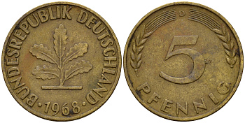 ФРГ 5 пфеннигов 1968 D J.382, KM 107 сталь плакированная латунью    4598-943
