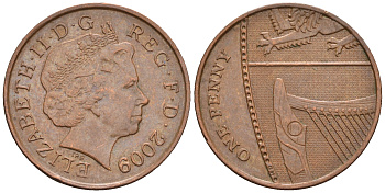 Великобритания 1 пенни 2009 Елизавета II (1952-2022) KM 1107, Spink B6 сталь плакированная медью 4609-663