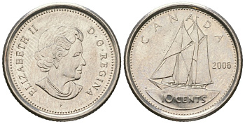 Канада 10 центов 2006 P, Елизавета II (1952-2022), парусник KM 492 сталь плакированный никелем UNC 4381-968