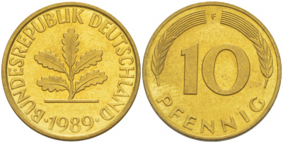 ФРГ 10 ПФЕННИГОВ 1989 F KM 108, J.383 сталь плакированная латунью 3996-715