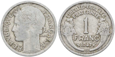 ФРАНЦИЯ 1 ФРАНК 1947 B, ТИП MORLON KM 885а.1, LE FRANC 221.12 алюминий 212-913