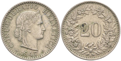 ШВЕЙЦАРИЯ 20 РАППЕНОВ 1947 В KM 29a медно-никель 55-722