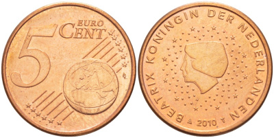 НИДЕРЛАНДЫ 5 ЕВРОЦЕНТОВ 2010 БЕАТРИКС KM 276 сталь плакированная медью 4543-236