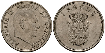 Дания 1 крона 1971 Фредерик IX (1947-1972) KM 852 медно-никель 4176-521