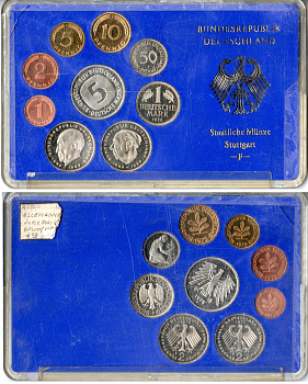 ФРГ официальный набор из 9 монет (1, 2 5, 10 и 50 пфеннигов; 1, 2 и 5 марок) 1975 F KM PS37 (105, 106a, 107, 108, 109, 110, 124, A127, 140.1) PROOF 4-3-4-15