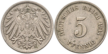 Германия 5 пфеннигов 1914 J KM 11, J.12 медно-никель 4567-1029