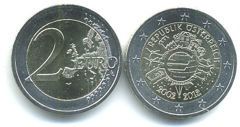 Австрия 2 евро 2012 10 лет монетарной политике и наличному евро KM 3205 биметалл UNC M4-17