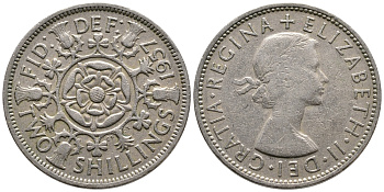 Великобритания 2 шиллинга (флорин) 1957 Елизавета II (1952-2022) KM 906, Spink 4146 медно-никель 59-1615