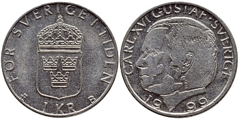 Швеция 1 крона 1999 Карл XVI Густав (1973- ) KM 852a медно-никель 89-1742