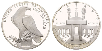 США 1 доллар 1984 S, XXIII летние Олимпийские Игры, Лос-Анджелес 1984 KM 210 серебро PROOF 11-255-22