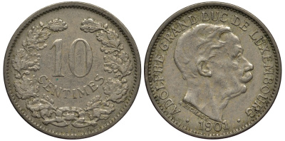 ЛЮКСЕМБУРГ 10 САНТИМОВ 1901 ВЕЛИКИЙ ГЕРЦОГ АДОЛЬФ (1890-1905) КМ 25 медно-никель 4538-721