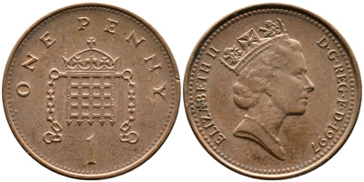 Великобритания 1 пенни 1997 Елизавета II (1952-2022) KM 935a, Spink 4391 (B4) сталь плакированная медью 4387-658