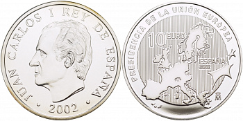 Испания 10 евро 2002 Председательство Испании в Евросоюзе, карта KM 1048 серебро PROOF 01-162-33