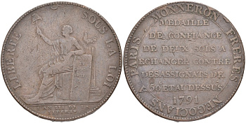 Франция 2 соля (су) 1791 LAN III, революции, токен, MONNERON FRERES NEGOCIANS A PARIS (Торговцы братья Моннерон. Париж) KM Tn23, Guilloteau 233 бронза 189-515
