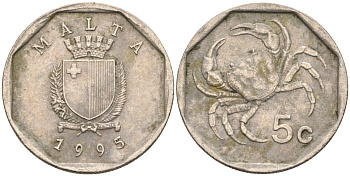 Мальта 5 центов 1993 краб KM 95 медно-никель 4588-134