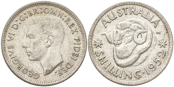 Австралия 1 шиллинг 1952 M, Георг VI (1936-1952), овца меринос KM 46 серебро 4622-142