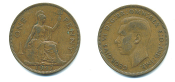 Великобритания 1 пенни 1947 Георг VI (1936-1952) KM 845, Spink 4114 бронза 4383-723
