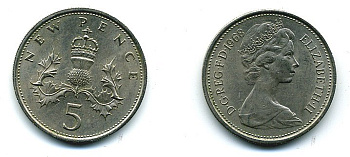 Великобритания 5 пенсов 1968 Елизавета II (1952-2022) KM 911, Spink 4233 (D1) медно-никель UNC 4110-843