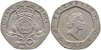 Великобритания 20 пенсов 1989 Елизавета II (1952-2022) KM 939, Spink 4361 (G2) медно-никель 65-1011