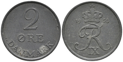 ДАНИЯ 2 ЭРЕ 1958 C; S, ФРЕДЕРИК IX (1947-1972) KM 840.2 цинк 67-154