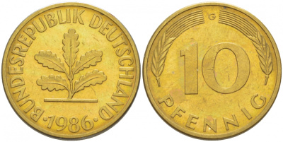 ФРГ 10 ПФЕННИГОВ 1986 G KM 108, J.383 сталь плакированная латунью 3996-712