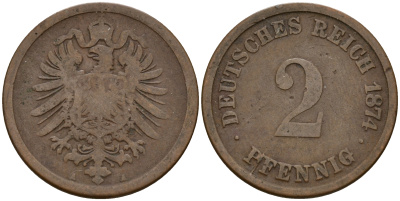 Германия 2 пфеннига 1874 A J.2  KM 2 медь    4598-567