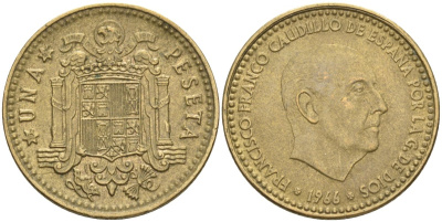 Испания 1 песета 1966 (67) Франсиско Франко (1939-1975) KM 796 алюминиевая бронза 4604-344