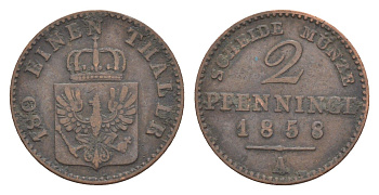 Пруссия 2 пфеннига 1858 A, Фридрих Вильгельм IV (1840-1861) KM 452, Jaeger 51, Olding 336, AKS 91 медь 4651-234