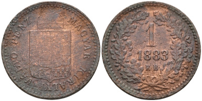 Венгрия 1 крейцер 1883 КВ, Франц Иосиф I (1848-1916), редкий год KM 458 медь 4585-145