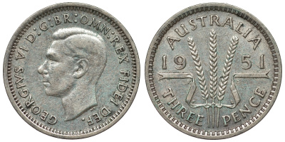 Австралия 3 пенса 1951 m, Георг VI (1937-1952), без букв KM 44 серебро 71-267