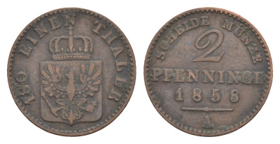Пруссия 2 пфеннига 1858 A, Фридрих Вильгельм IV (1840-1861) KM 452, Jaeger 51, Olding 336, AKS 91 медь 4651-234